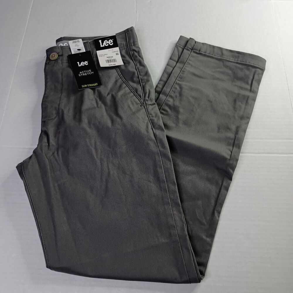 Lee Flat Front Chino with Motion Flex Waistband Pants Men's 30x32 Gray Slim Fit